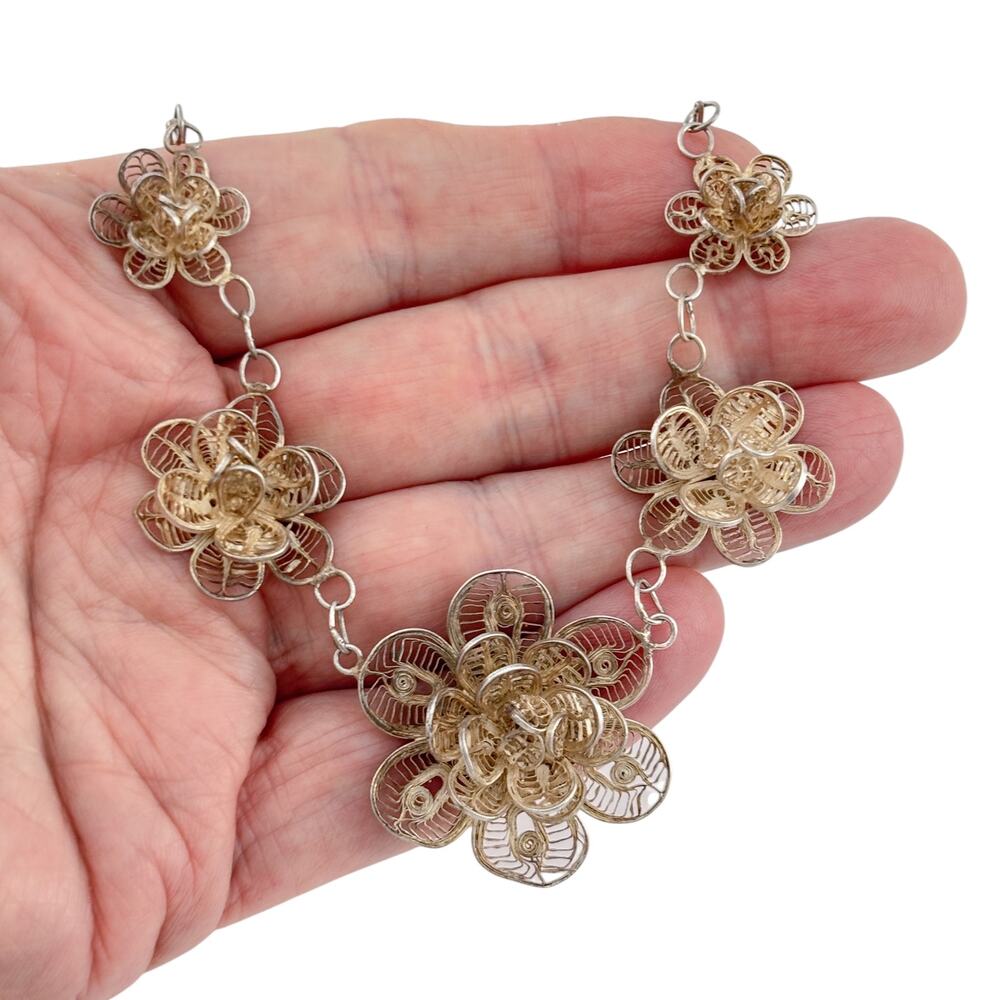 Vintage Mexico Sterling Silver 925 Filigree Flower Necklace 19"